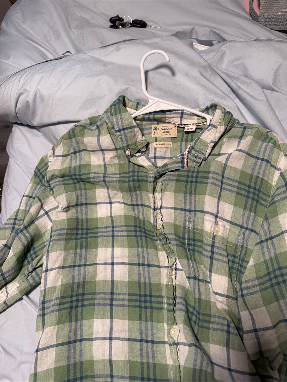 Weatherproof Green and White Plaid Casual Button-Down Shirt